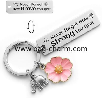 GUGEER Keychain inspirador para mujeres, regalo motivacional ¢ Nunca olvides lo fuerte que eres ¢ Keychain de acero inoxidable con encantamientos de elefantes y flores, regalos de cumpleaños para mujeres, mamá, mejor amiga